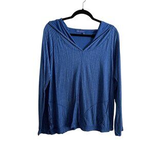 Fresh Produce Women L Royal Blue Geometric Stripe Pockets Hooded Long Sleeve Top